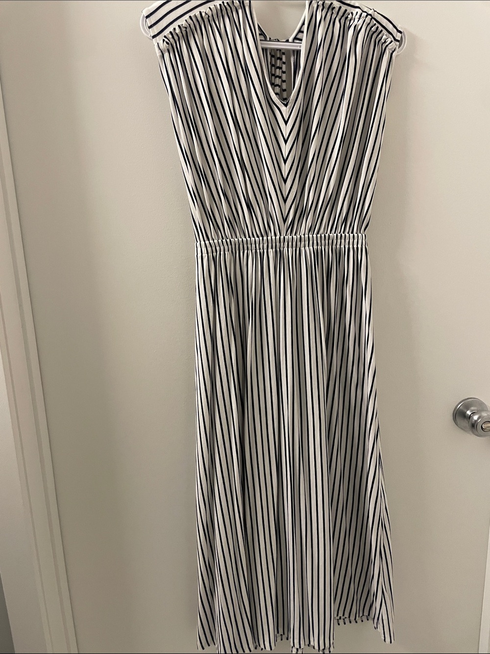 LOFT Black and White Striped V-Neck Midi Dress. Never worn!